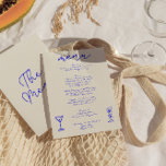 Menu Mariage Whimsical Bleu Dessiné À La Main Rétro<br><div class="desc">Un menu unique,  bleu rétro,  moderne et dessiné à la main,  mariage. Ce qui présente le design modèle chic de boho vintage crème arrière - plan et de la disposition de texte manuscrit bleu. Parfait et assorti à toute la suite. Et des lunettes dessinées à la main.</div>