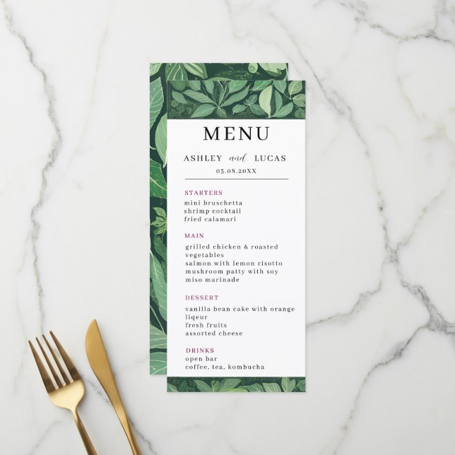 Menu Mariage Whimsical Green Feuille (Devant/Arrière en situation)
