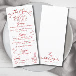 Menu Mariage Whimsical rouge français tiré à la main<br><div class="desc">Menu Du Dîner De Mariage Français Italien Whimsical Dessiné À La Main. Cette charmante carte de menu mariage présente un design ludique mais élégant, avec une illustration de mise en place dessinée à la main en haut et une bouteille de champagne avec un verre en bas, accentuée par des coeurs...</div>