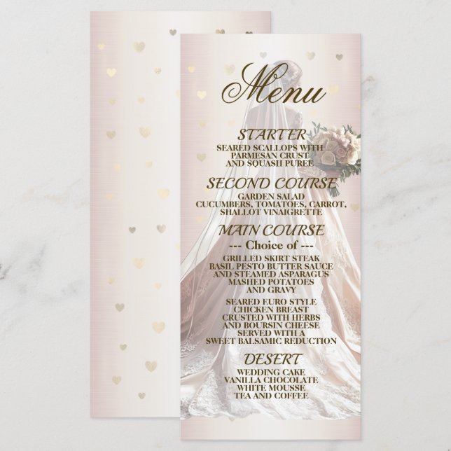 Menu Mariée d'hiver rose Golden Shiny Hearts (Devant / Derrière)
