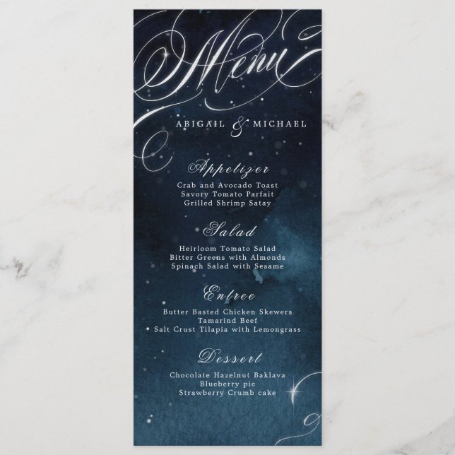Menu Marine argent vintage calligraphie glam mariage me (Devant)