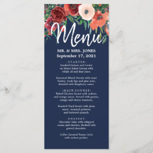 Menu Marine Bleu Corail Bourgogne Floral Aquarelle Mari