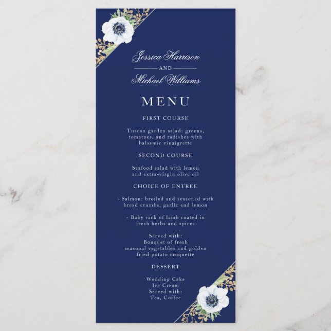 Menu Marine bleu Floral Élégant Anemone Bouquet Mariage (Devant)