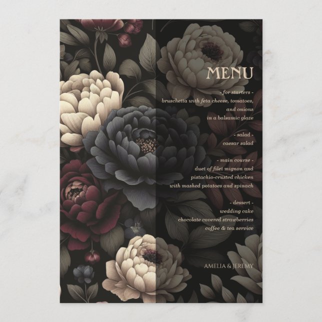 Menu Marine Blue & Burgundy Moody Floral (Devant)