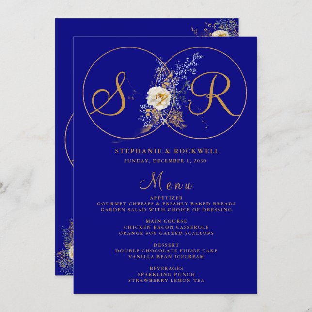 Menu Marine Blue Gold Monogramme Nom Mariage initial Me (Devant / Derrière)