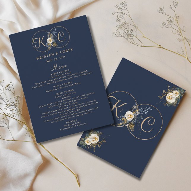 Menu Marine Blue Gold Monogramme Nom Mariage initial Me (Créateur téléchargé)