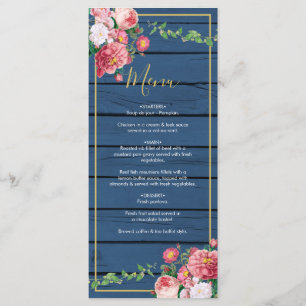 Menu Marine Blue Wood Vintage rose Roses et Mariage or