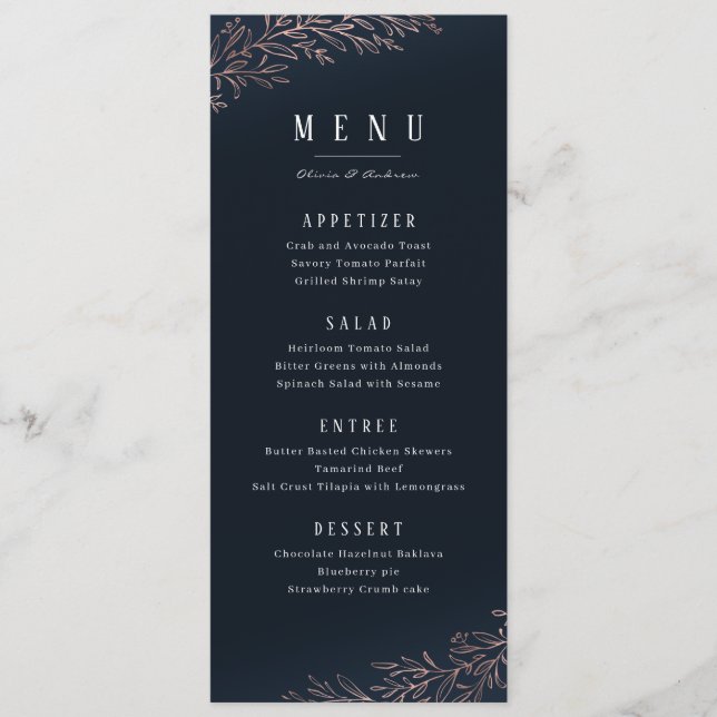 Menu Marine doré rose or botanique élégant mariage (Devant)