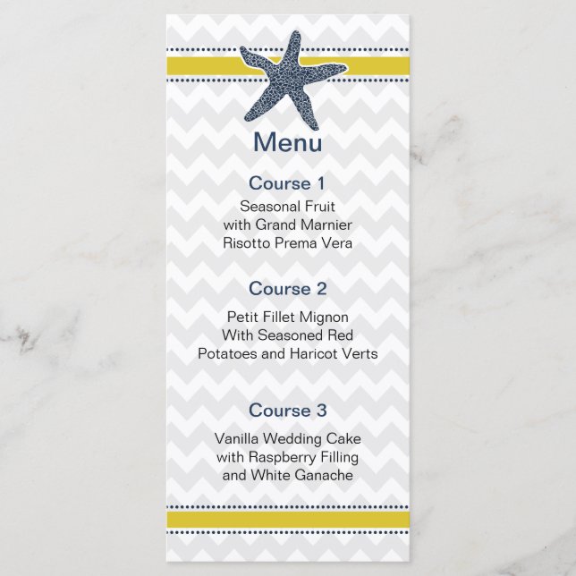 Menu Marine et Jaune Starfish Beach Mariage papeterie (Devant)