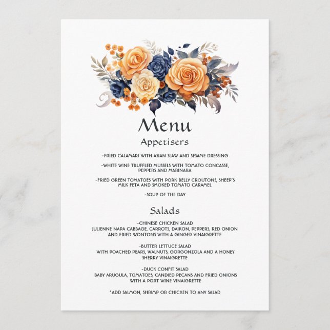 Menu Marine et Orange Floral Mariage Détails au sujet d (Devant)