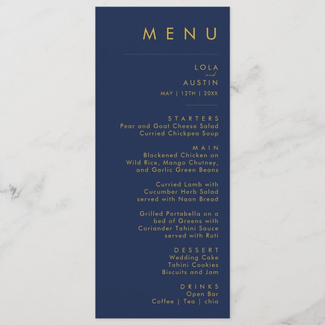 Menu Marine minimaliste moderne bleu | Dîner Mariage Go (Devant)