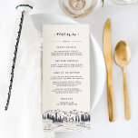 Menu Marine noire | Mariage d'esquisse de montagne<br><div class="desc">Notre menu rustique chic mariage ou spécial événement vous propose des entrées,  des entrées et des desserts agrémentés d'une illustration esquissée de pics de montagne,  de pins et d'une rivière qui coule,  avec en haut "menu" en calligraphie élégante. Coordonnées avec notre collection mariage Mountain Sketch.</div>