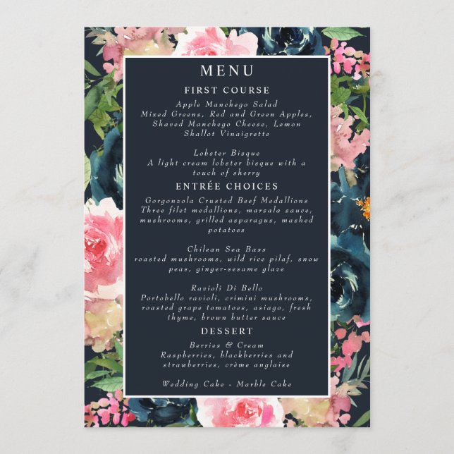 Menu Marine Romantique Bleu Bleu rose floral rose (Devant)