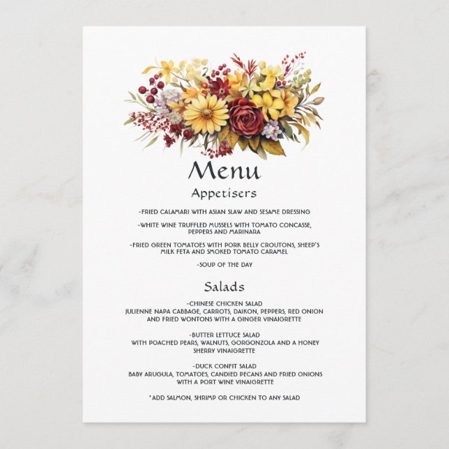 Menu Maroon and Yellow Floral Mariage Détails au sujet  (Devant)