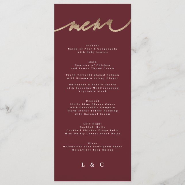 Menu Maroon Elegant Rouge foncé Plum Bourgogne Mariage (Devant)