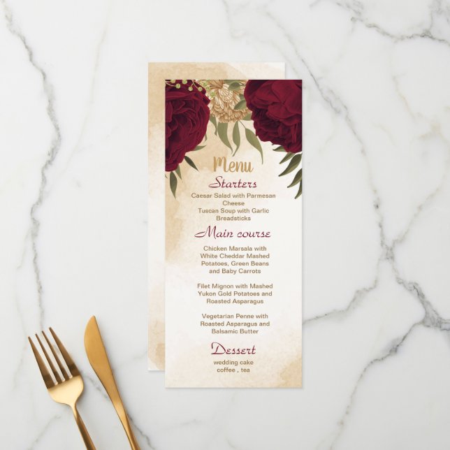 Menu Maroon vert beige or botanique mariage (Devant/Arrière en situation)