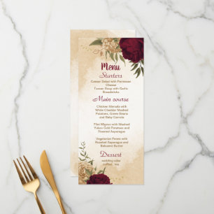 Menu Maroon vert beige or botanique mariage