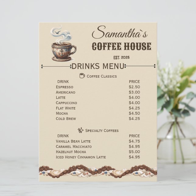 Menu Marque personnalisée du Cafe Coastal (Debout devant)