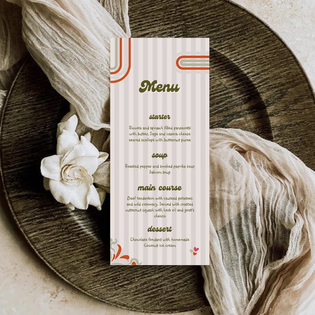 Menu Marron & Vert Rétro Illustré | Dîner de Mariage (Créateur téléchargé)