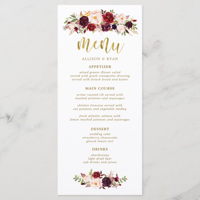 Menu Marsala Bourgogne Fleurs Mariage Boho (Devant)