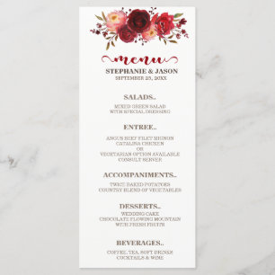 Menu Marsala Bourgogne Rouge Roses Florales Mariage Men