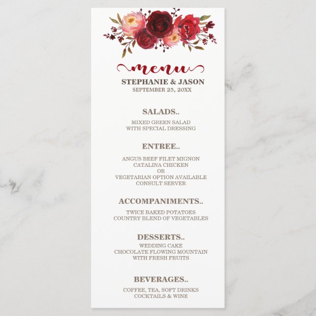 Menu Marsala Bourgogne Rouge Roses Florales Mariage Men (Devant)