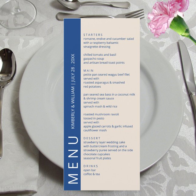 Menu Marseille Bleu Dîner de répétition moderne Mariage (Marseille Bleu Modern Wedding Menu Card - Custom Wedding Reception Rehearsal Dinner Menu)