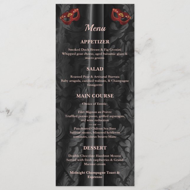 Menu Mascarade noire damas or rouge rubis (Devant)