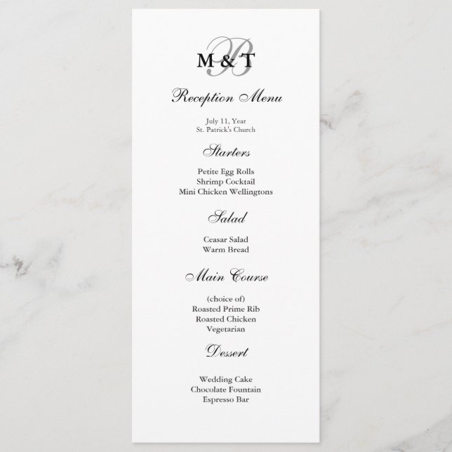 Menu mat noir et blanc de mariage de monogramme (Devant)