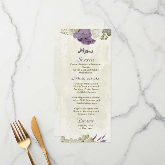 Menu mauve fleurs blanches verdure mariage (Devant/Arrière en situation)