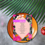 Menu Maximaliste marbré moderne Mariage floral<br><div class="desc">Forme géométrique rose clair 6 côtés sur orange rose et pêche floral moderne avec design marbrée foncé. Texte rose "menu" sur une barre violette brillante avec du texte noir sous la barre.</div>