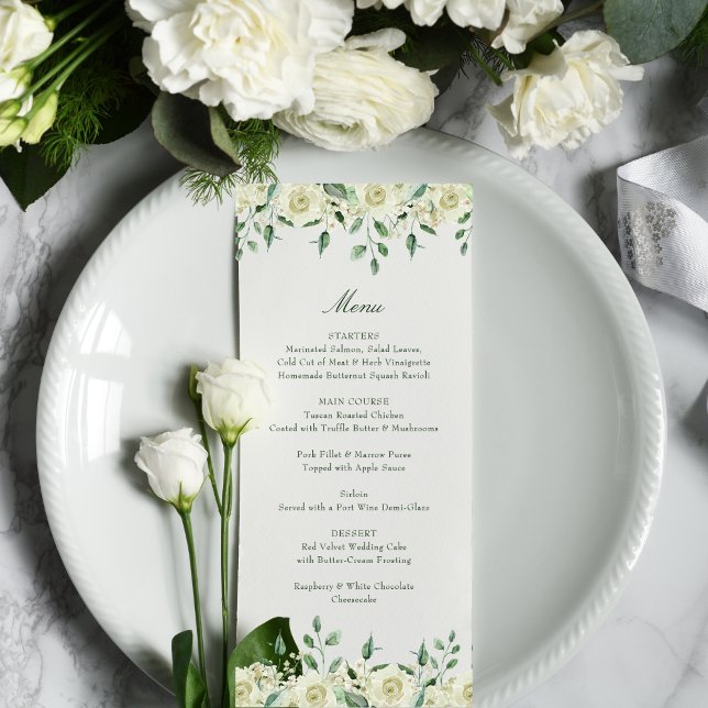 Menu Megan Elegant Fleurs Blanches Mariage de verdure (The elegant Megan wedding menu is perfect for a wedding in any season with its neutral color palette)