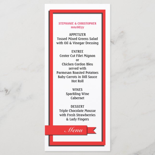 Menu Menu/Programme du Mariage de ruban rouge (Devant)