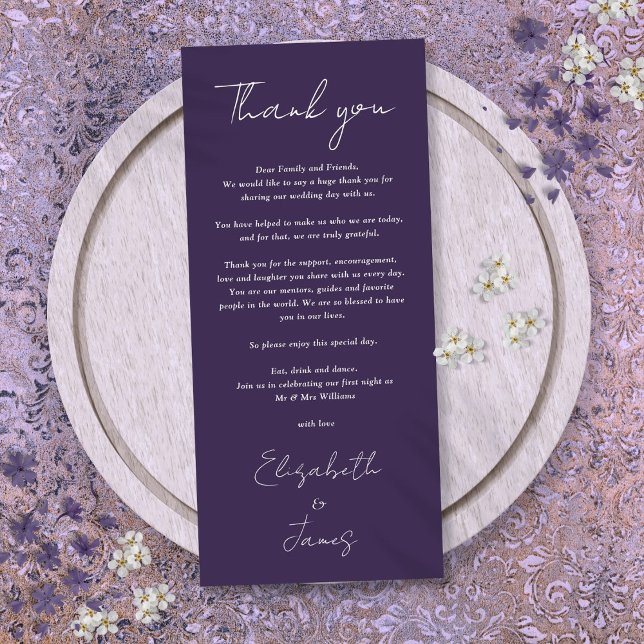 Menu Merci Mariage minimaliste violet (Purple Minimalist Wedding Thank You Place Card)
