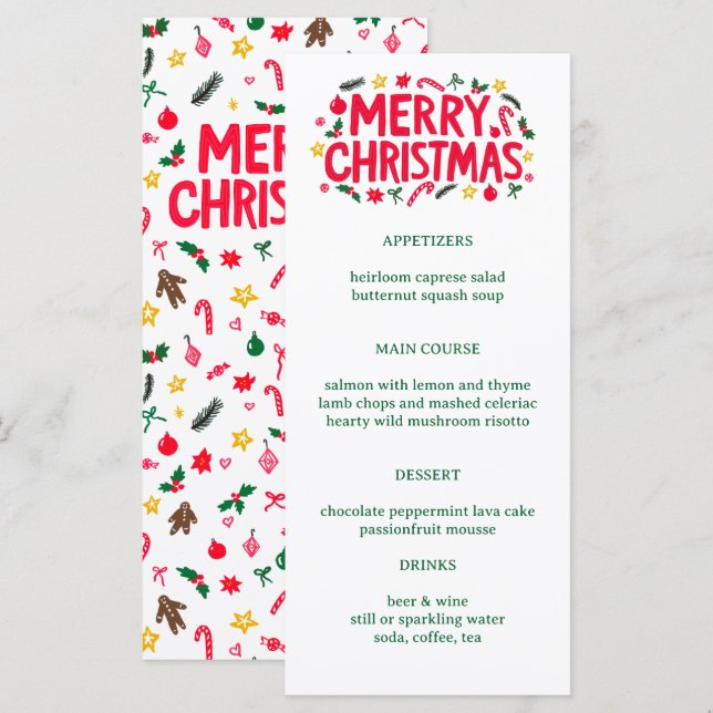 Menu Merry Christmas Cute CUSTOM Holiday Dinner Party (Devant / Derrière)