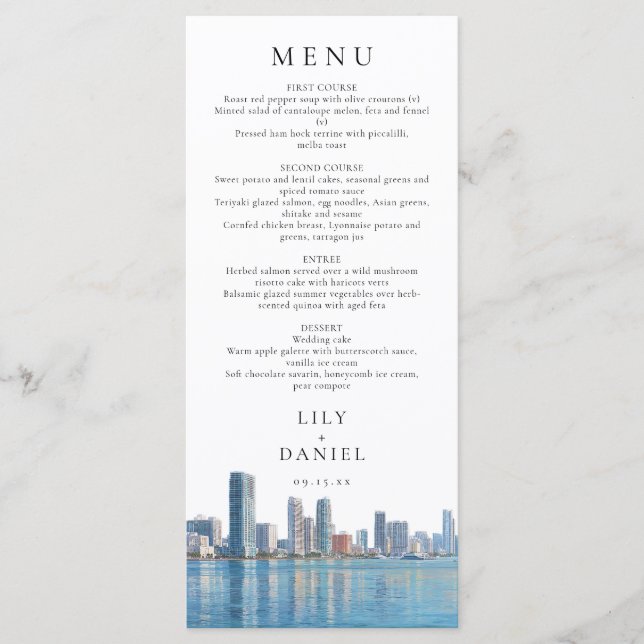 Menu Miami Skyline Watercolor Destination Wedding (Devant)