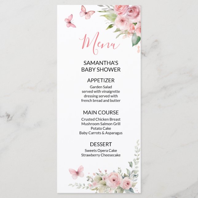 Menu Mignonne Baby Shower Fille Floral Rose Lapin (Devant)