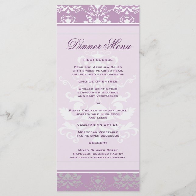 Menu mince Violet & Argent Damask Dîner Africain (Devant)