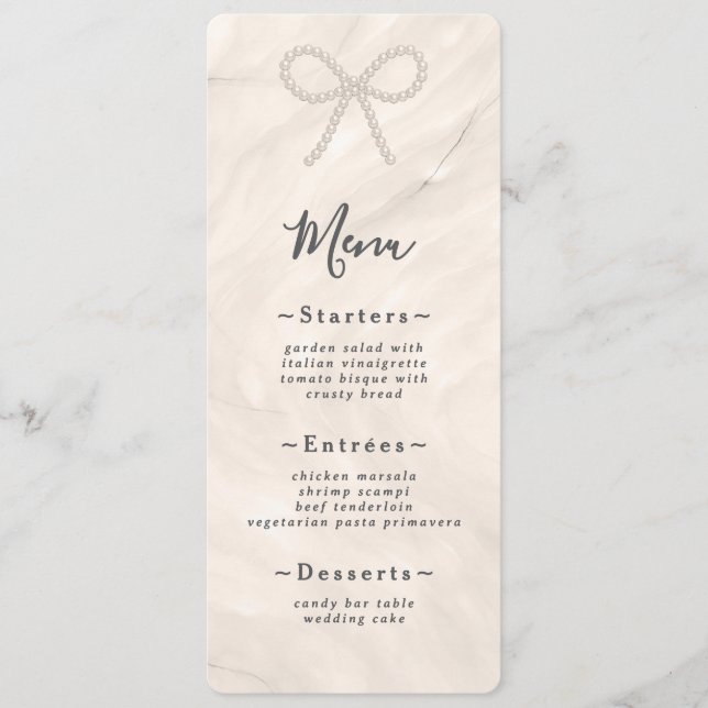Menu Minimal Champagne Pearl Bow Wedding Reception (Devant)