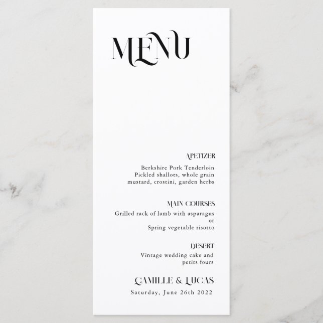 Menu minimal et chic noir et blanc Mariage (Devant)