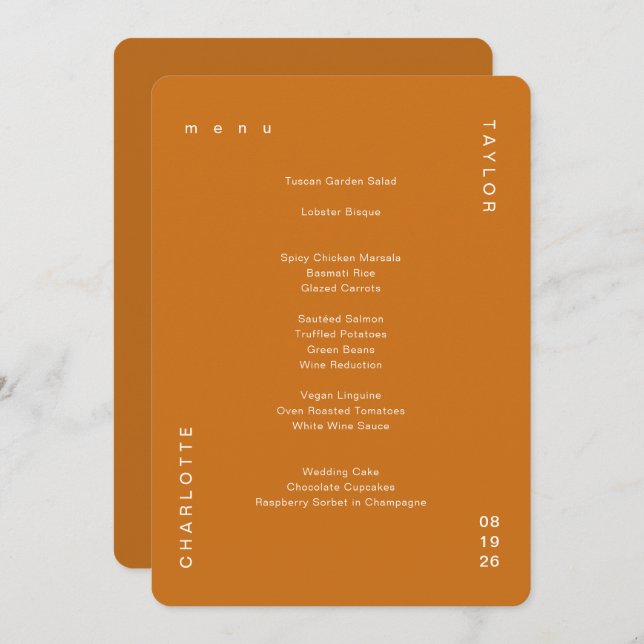 Menu Minimal Mariage Burnt Orange (Devant / Derrière)