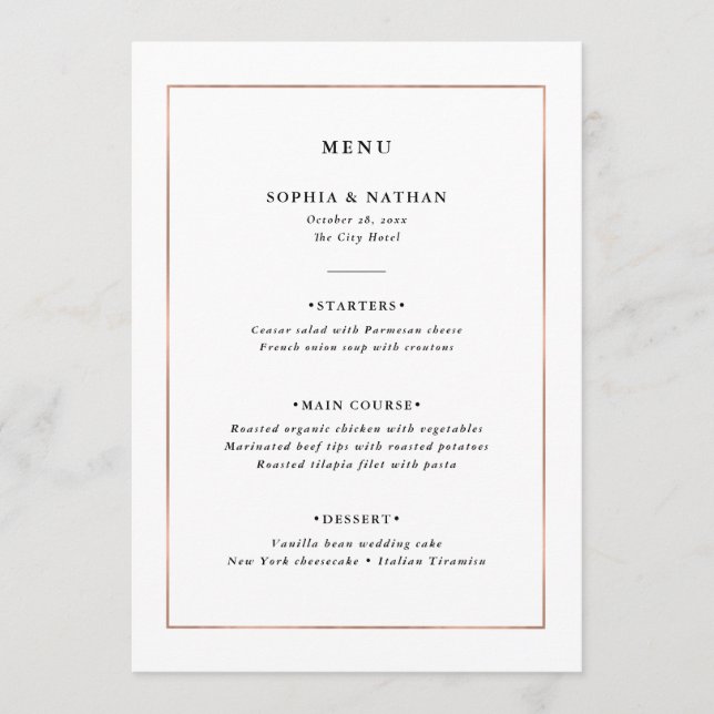 Menu Minimal moderne | Faux Rose Gold Border Mariage (Devant)