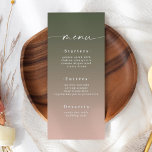 Menu Minimal Ombre Hunter Mariage vert et rose<br><div class="desc">Menu Simple Minimal Ombre Hunter Green & Pink Mariage Dinner Menu. Cette carte Menu chic moderne est simple classique et élégant avec un dégradé d'ombre subtil et une jolie police de calligraphie de script signature avec queues. Montré dans la Chic Ombre Hunter Green & Pink Colorway. Avec un joli monogramme...</div>