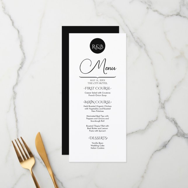 Menu Minimalist Elegant Black & White Wedding (Devant/Arrière en situation)