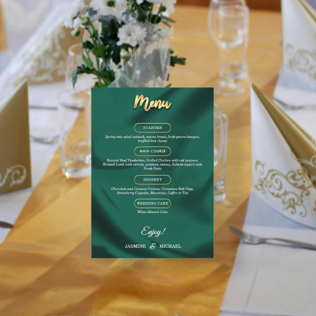 Menu Minimalist Elegant Emerald & Gold Script Wedding  (Créateur téléchargé)
