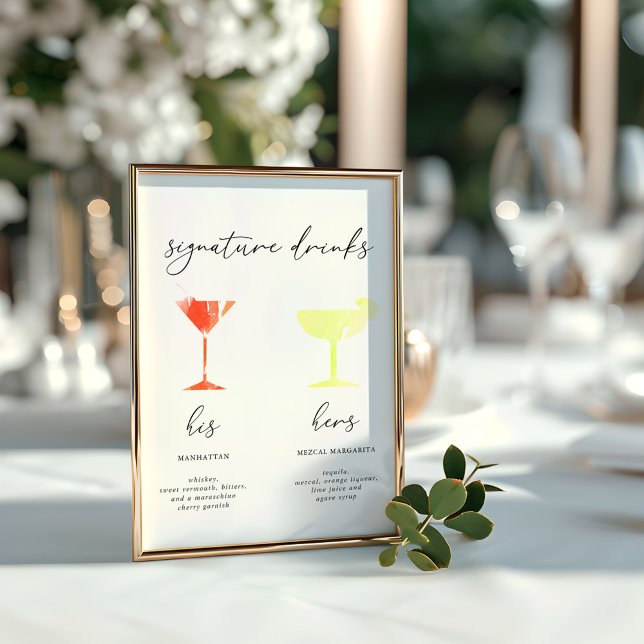 Menu Minimaliste Aquarelle Signature Boissons (Minimalist Watercolor Signature Drinks Menu)