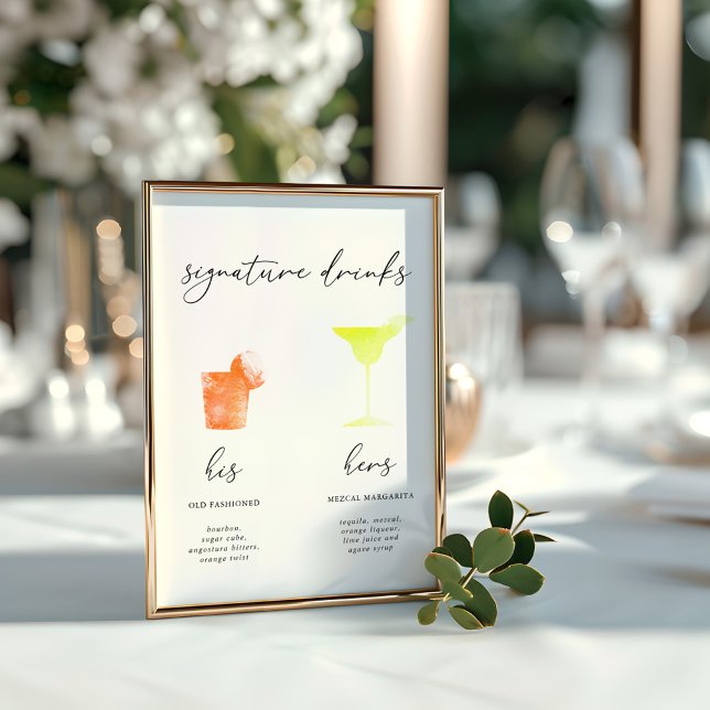 Menu Minimaliste Aquarelle Signature Boissons (Minimalist Watercolor Signature Drinks Menu)