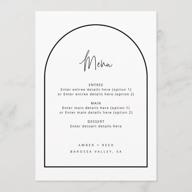 Menu minimaliste Arch Script noir et blanc Mariage (Devant)