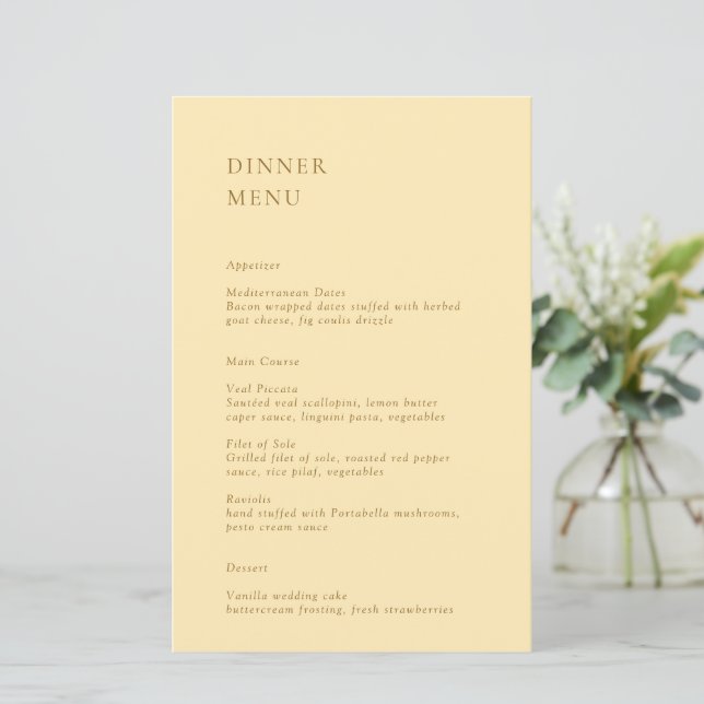 Menu minimaliste Beurre Jaune Mariage moderne (Debout devant)