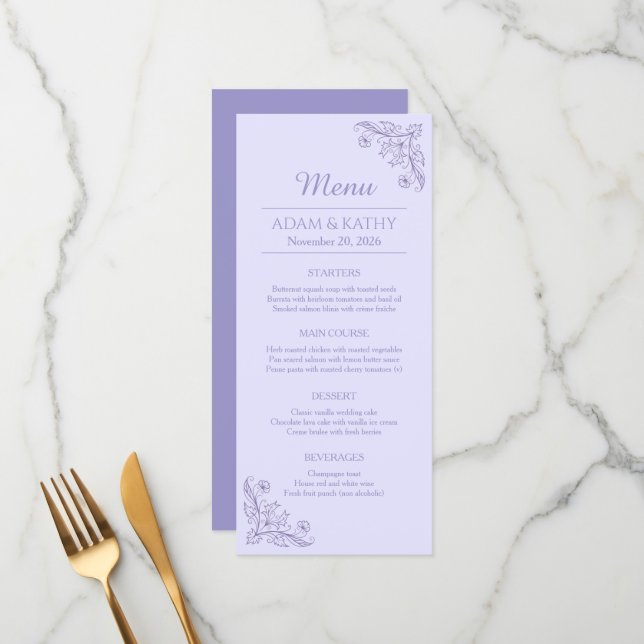 Menu minimaliste de nourriture de mariage aux fleu (Devant/Arrière en situation)
